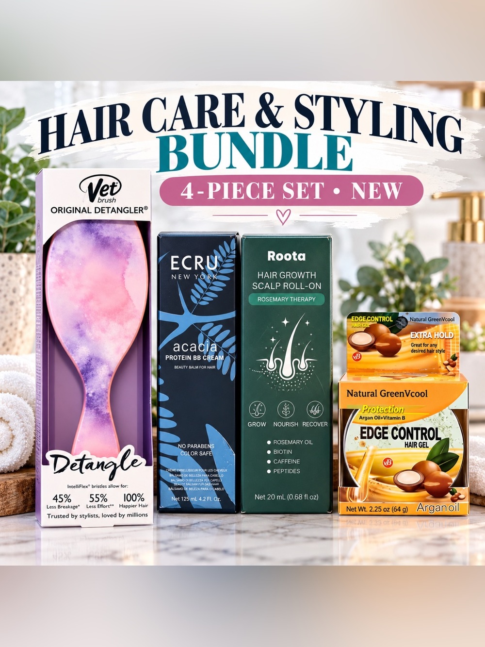 NEW 4 Pc Hair Care Bundle Wet Brush ECRU Roota Edge Control